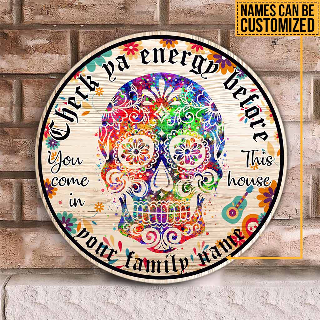 Check Ya Energy Sugar Skull Day Of The Dead Halloween Personalized Round Wood Sign