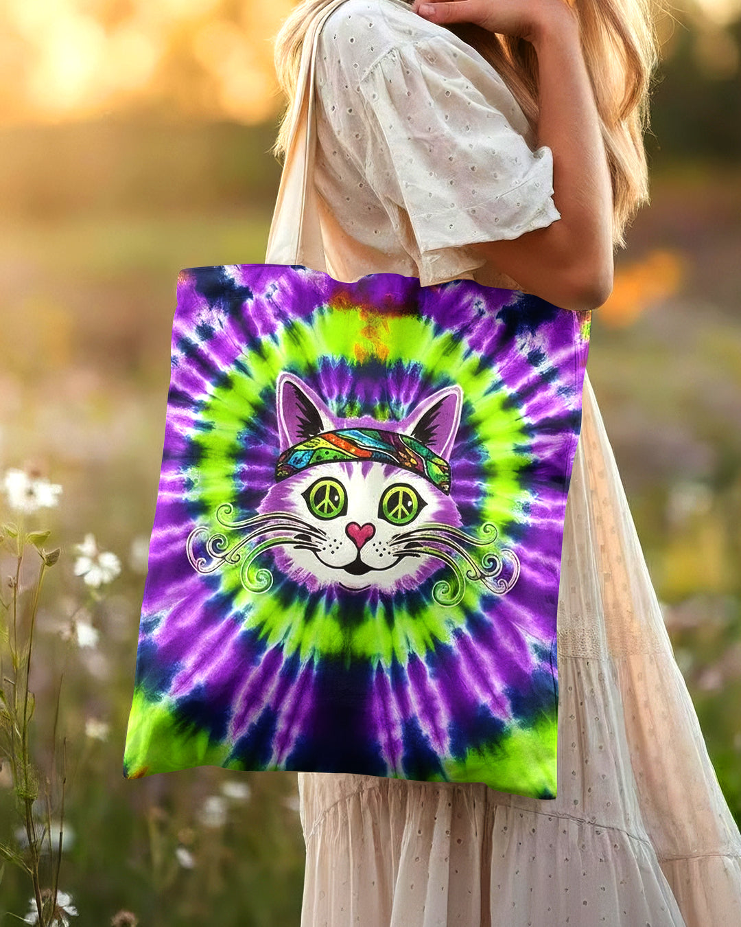 PURPLE GREEN SWIRL CAT TOTE BAG - YHHG2101264