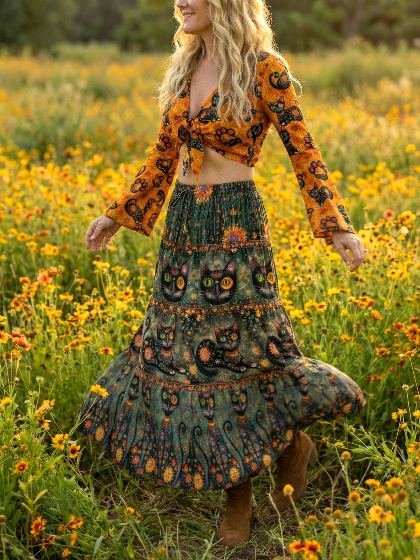 BLACK CAT BOHO WOMEN'S CROP TOP & MAXI SKIRT - TLNO3103261
