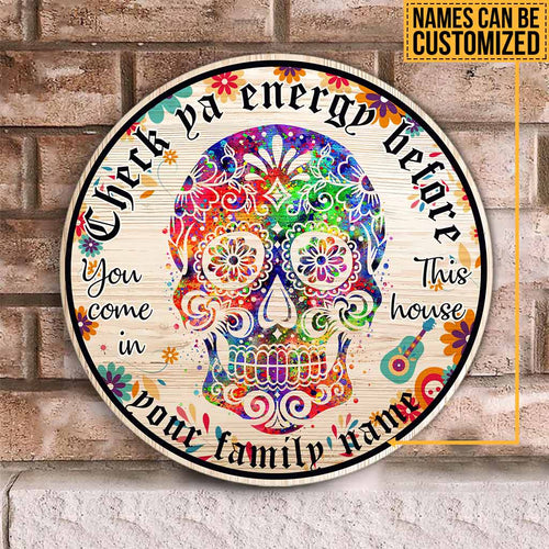 Check Ya Energy Sugar Skull Day Of The Dead Halloween Personalized Round Wood Sign