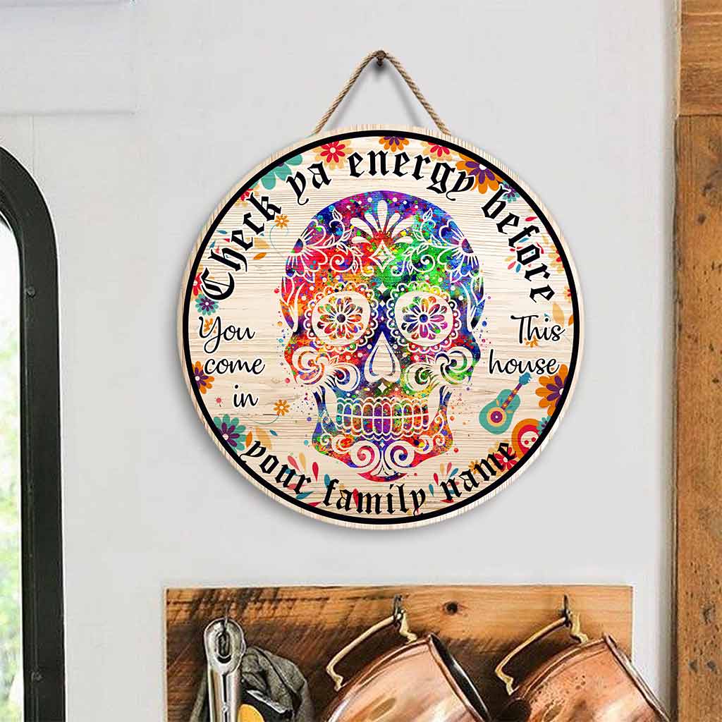Check Ya Energy Sugar Skull Day Of The Dead Halloween Personalized Round Wood Sign