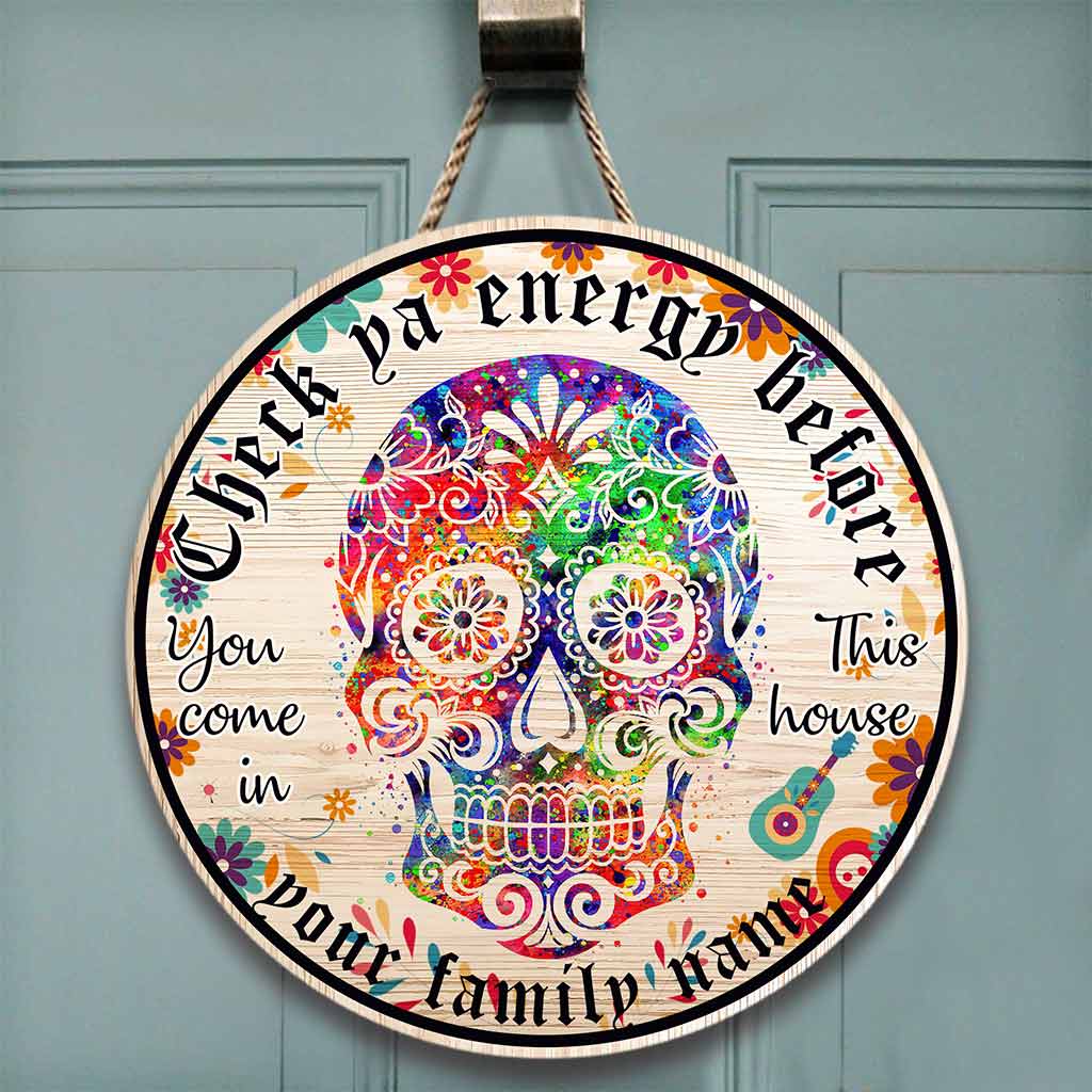 Check Ya Energy Sugar Skull Day Of The Dead Halloween Personalized Round Wood Sign