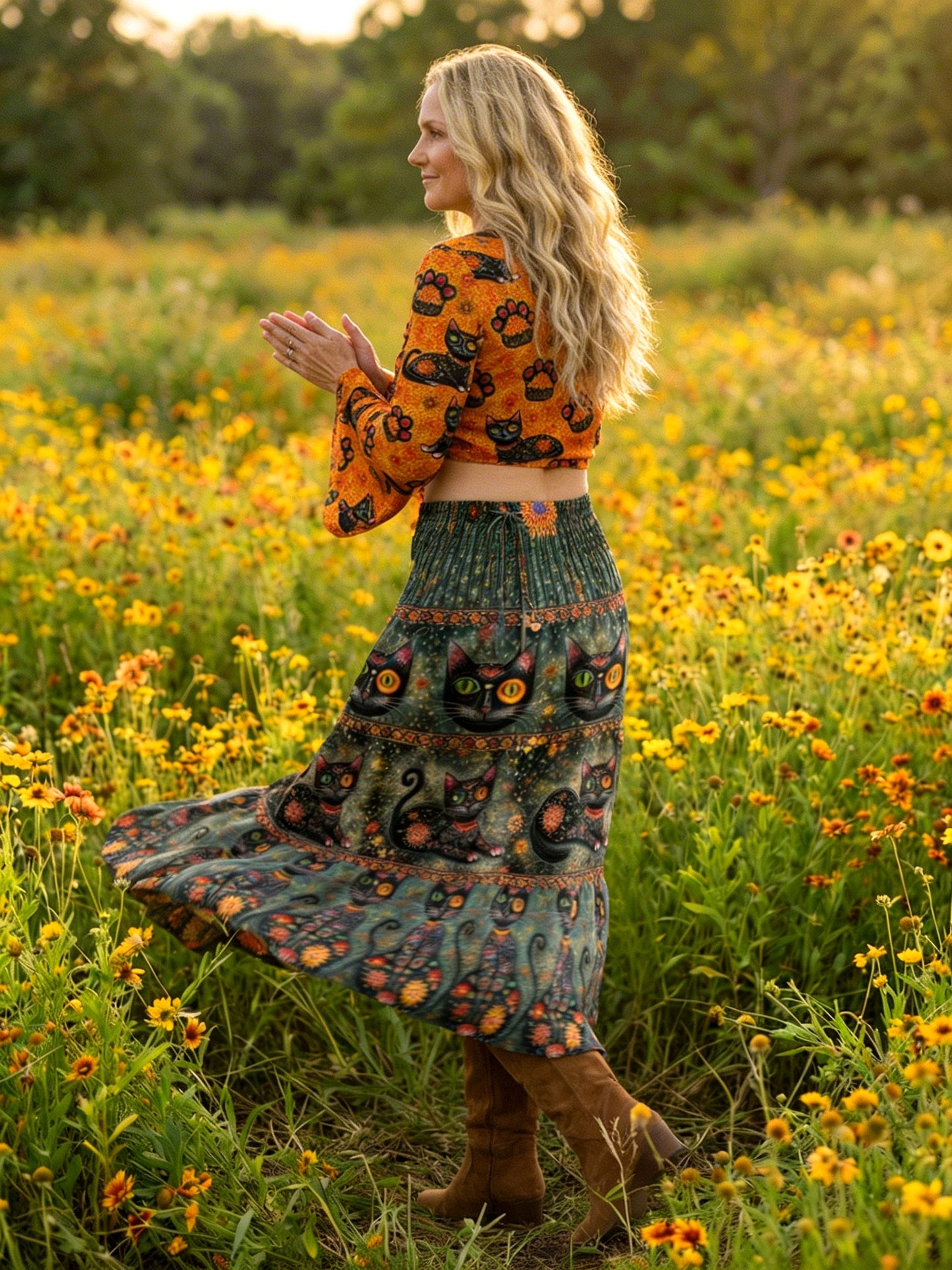 BLACK CAT BOHO WOMEN'S CROP TOP & MAXI SKIRT - TLNO3103261