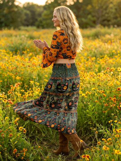 BLACK CAT BOHO WOMEN'S CROP TOP & MAXI SKIRT - TLNO3103261