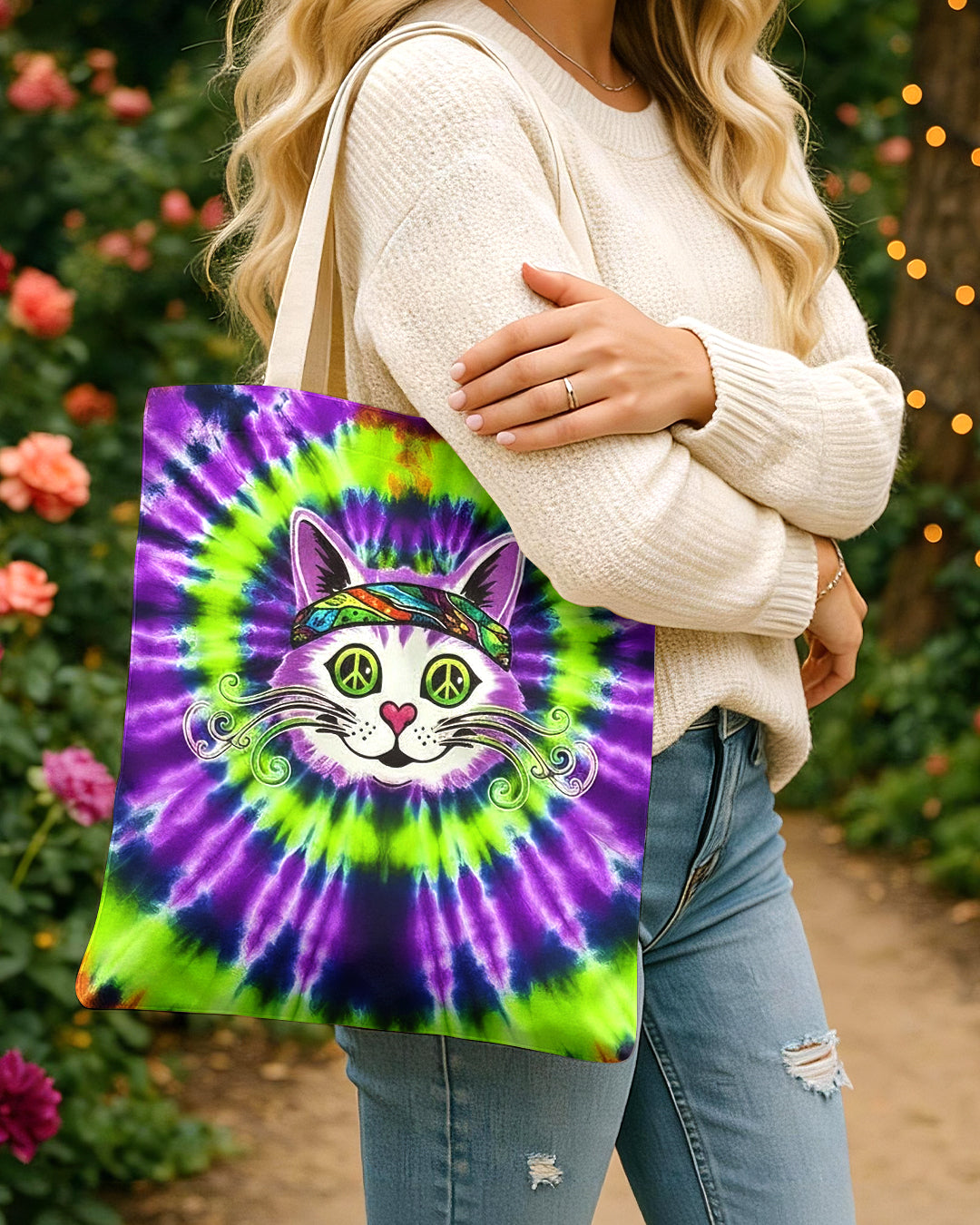 PURPLE GREEN SWIRL CAT TOTE BAG - YHHG2101264