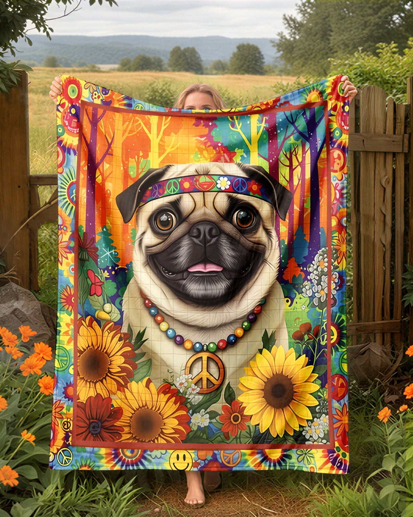 PERSONALIZED FUNNY HIPPIE PUG DOG FLEECE BLANKET - YHHN0902263