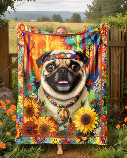 PERSONALIZED FUNNY HIPPIE PUG DOG FLEECE BLANKET - YHHN0902263