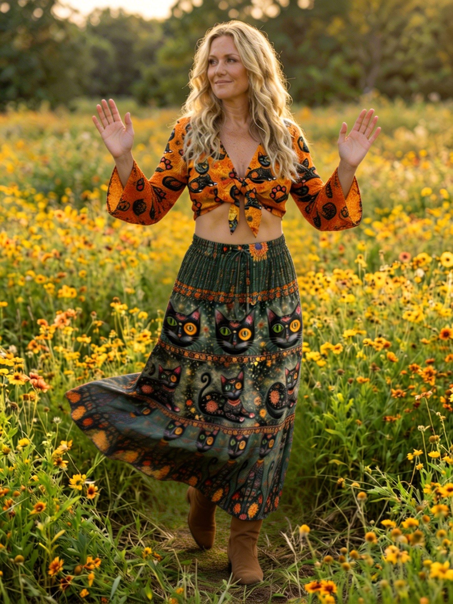BLACK CAT BOHO WOMEN'S CROP TOP & MAXI SKIRT - TLNO3103261