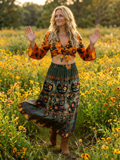 BLACK CAT BOHO WOMEN'S CROP TOP & MAXI SKIRT - TLNO3103261