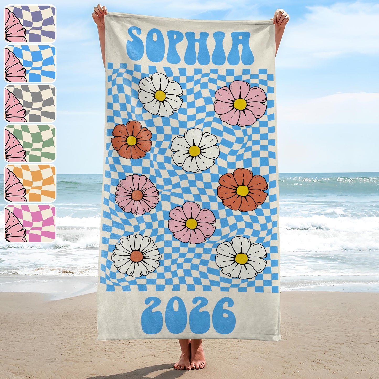 Personalized Groovy Beach Towel Custom Name Floral Gift Beach Towels GradoCreations