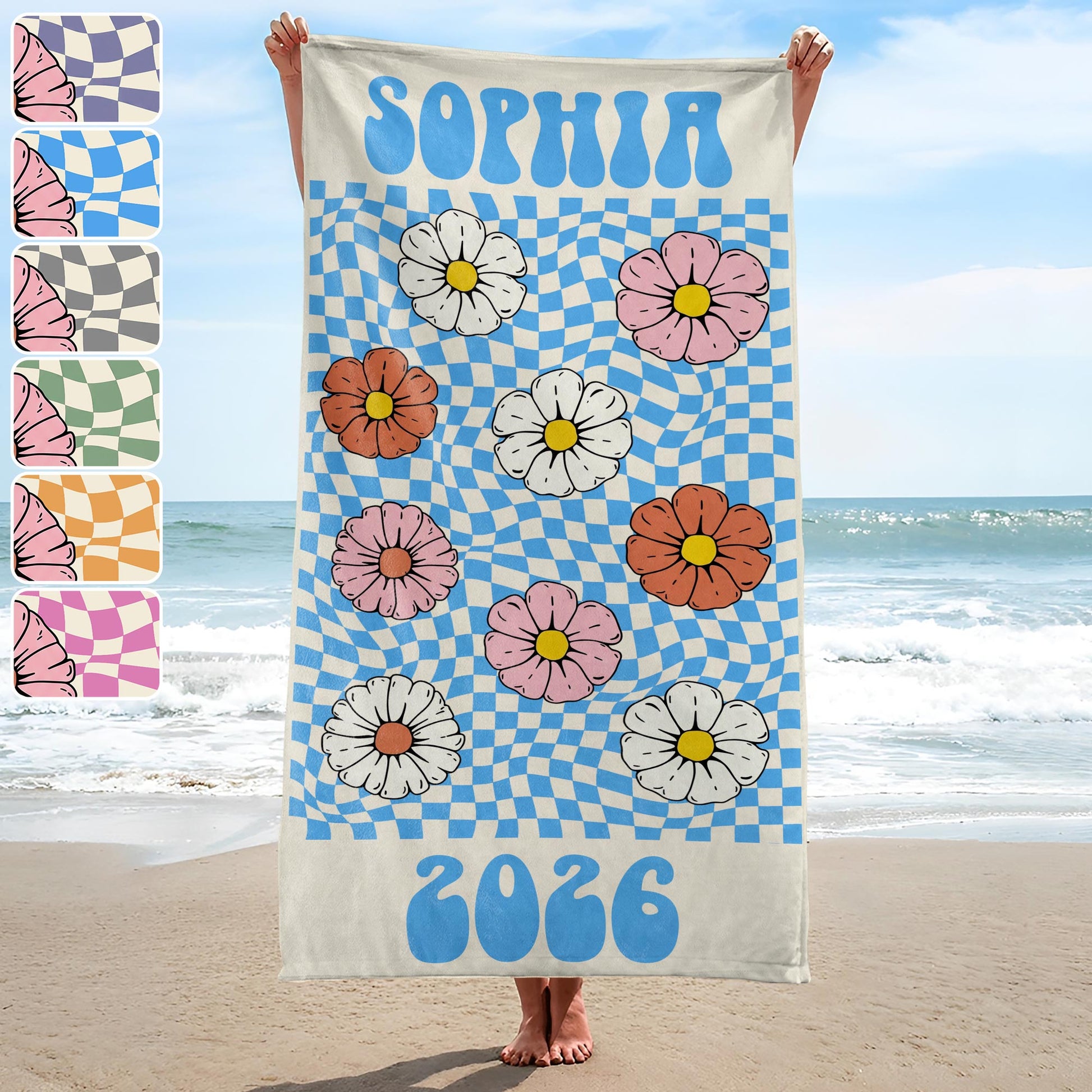 Personalized Groovy Beach Towel Custom Name Floral Gift Beach Towels GradoCreations
