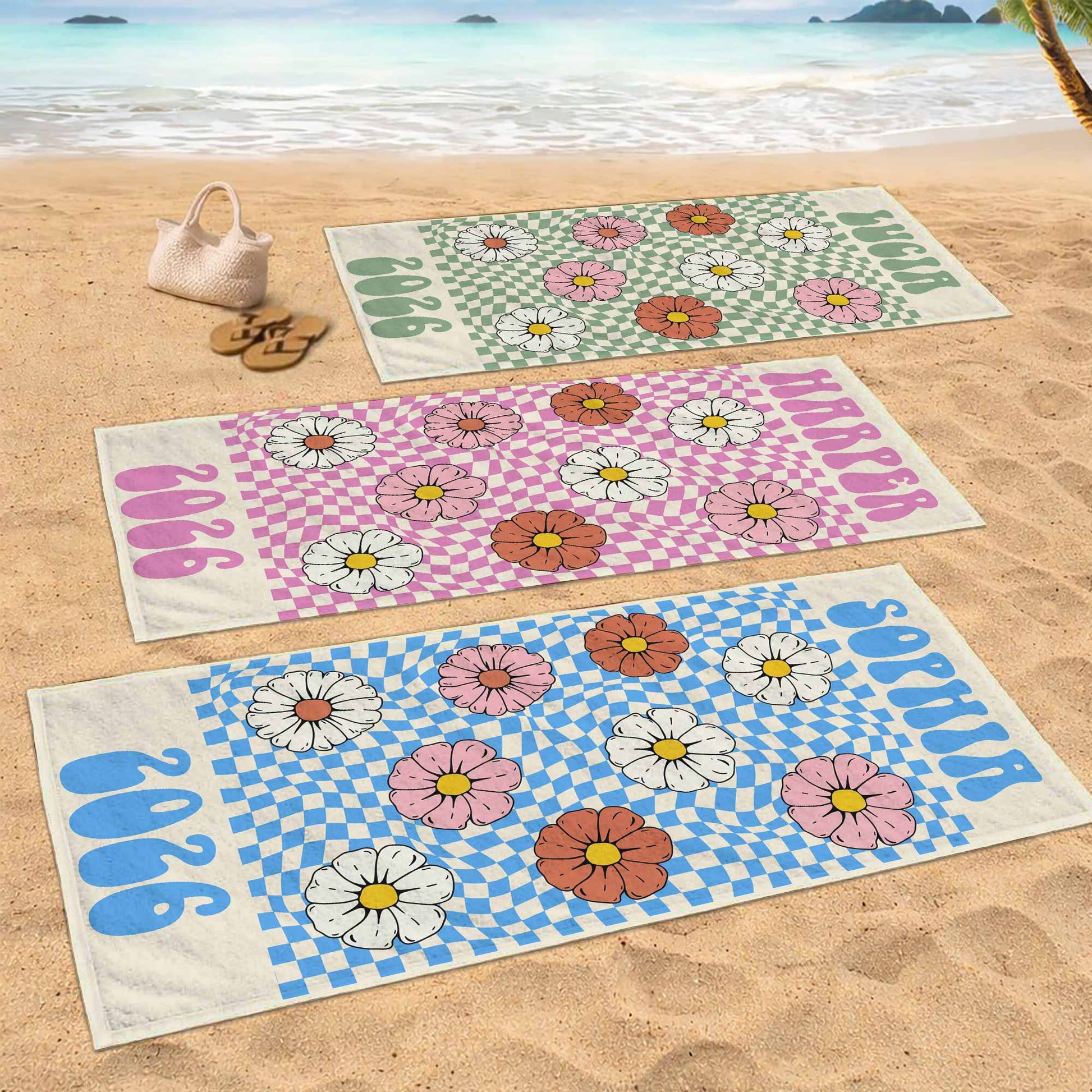 Personalized Groovy Beach Towel Custom Name Floral Gift Beach Towels GradoCreations