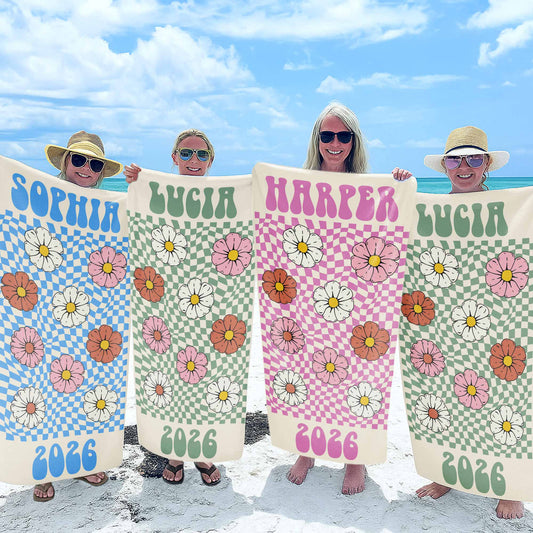 Personalized Groovy Beach Towel Custom Name Floral Gift Beach Towels GradoCreations