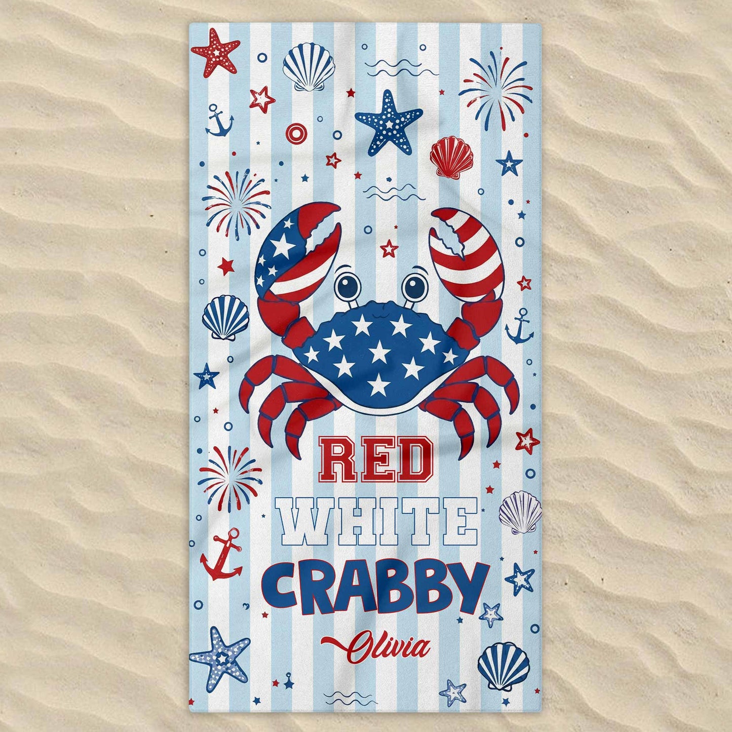 Personalized Crab Beach Towel Custom Name Patriotic Gift Beach Towels GradoCreations