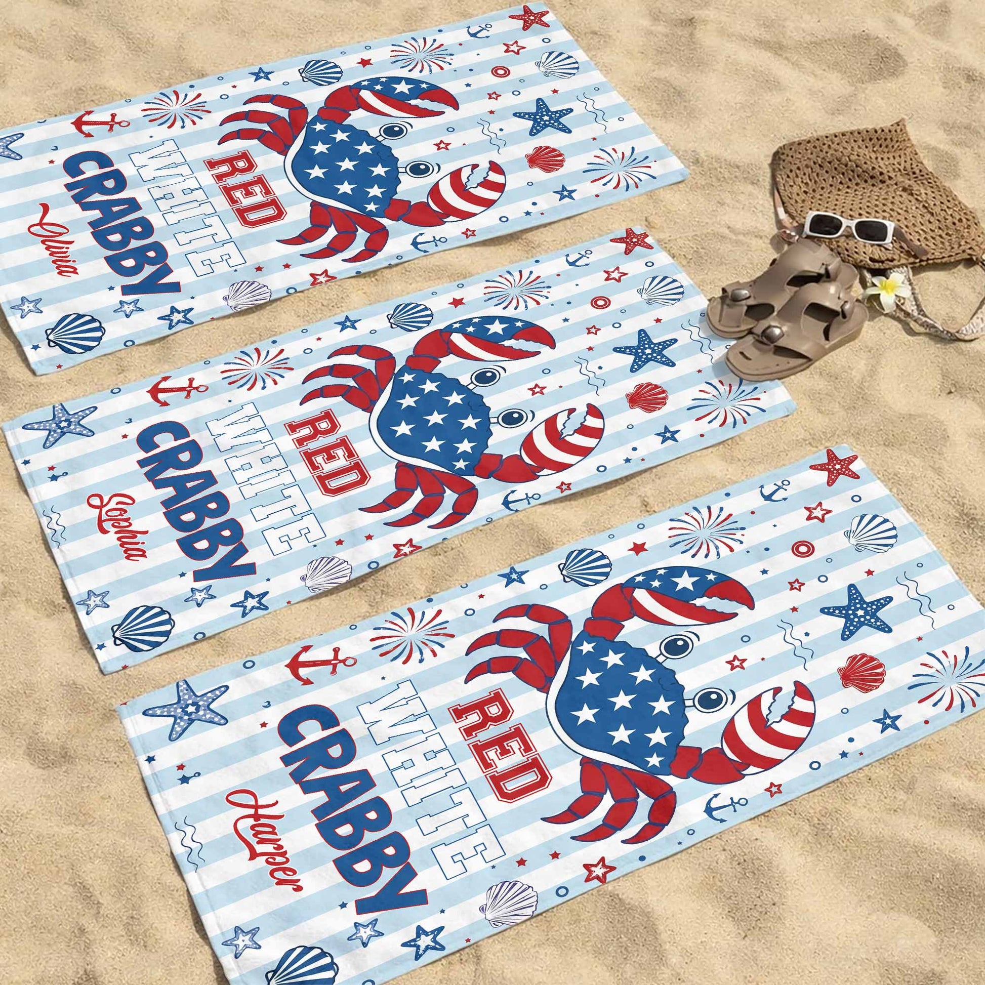 Personalized Crab Beach Towel Custom Name Patriotic Gift Beach Towels GradoCreations