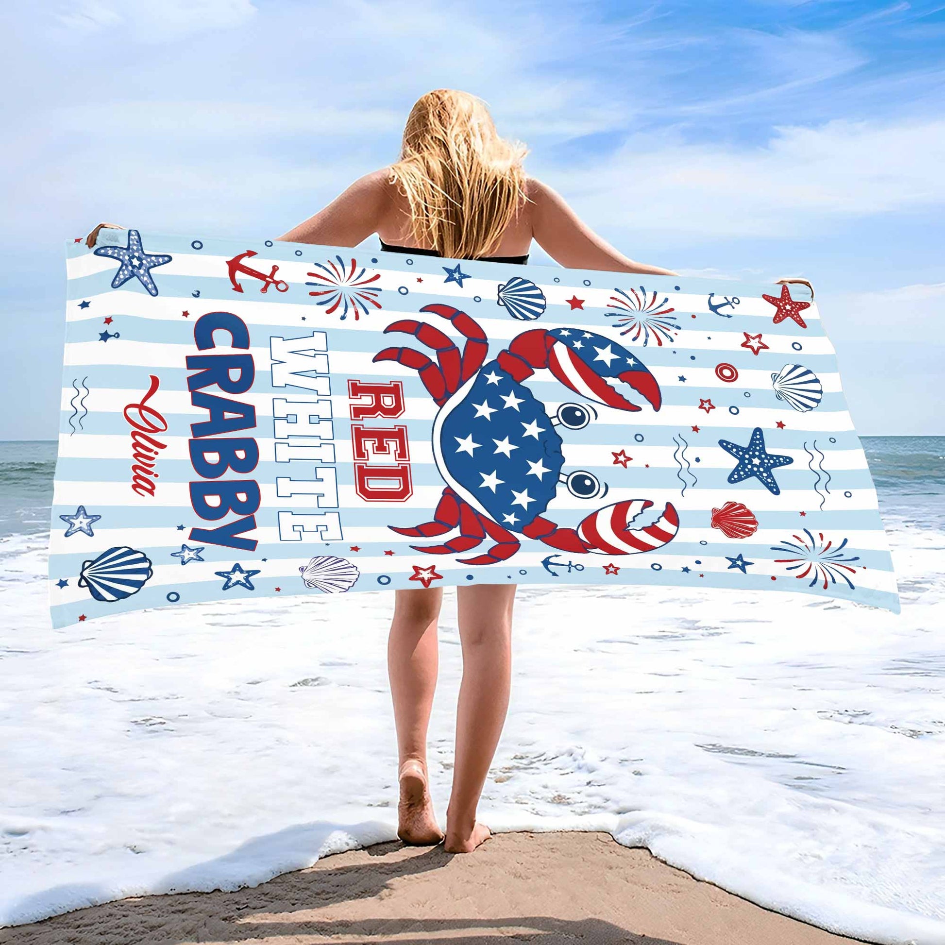 Personalized Crab Beach Towel Custom Name Patriotic Gift Beach Towels GradoCreations