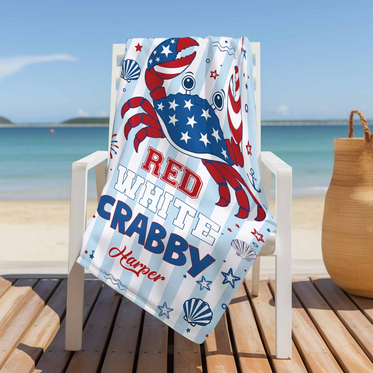 Personalized Crab Beach Towel Custom Name Patriotic Gift Beach Towels GradoCreations