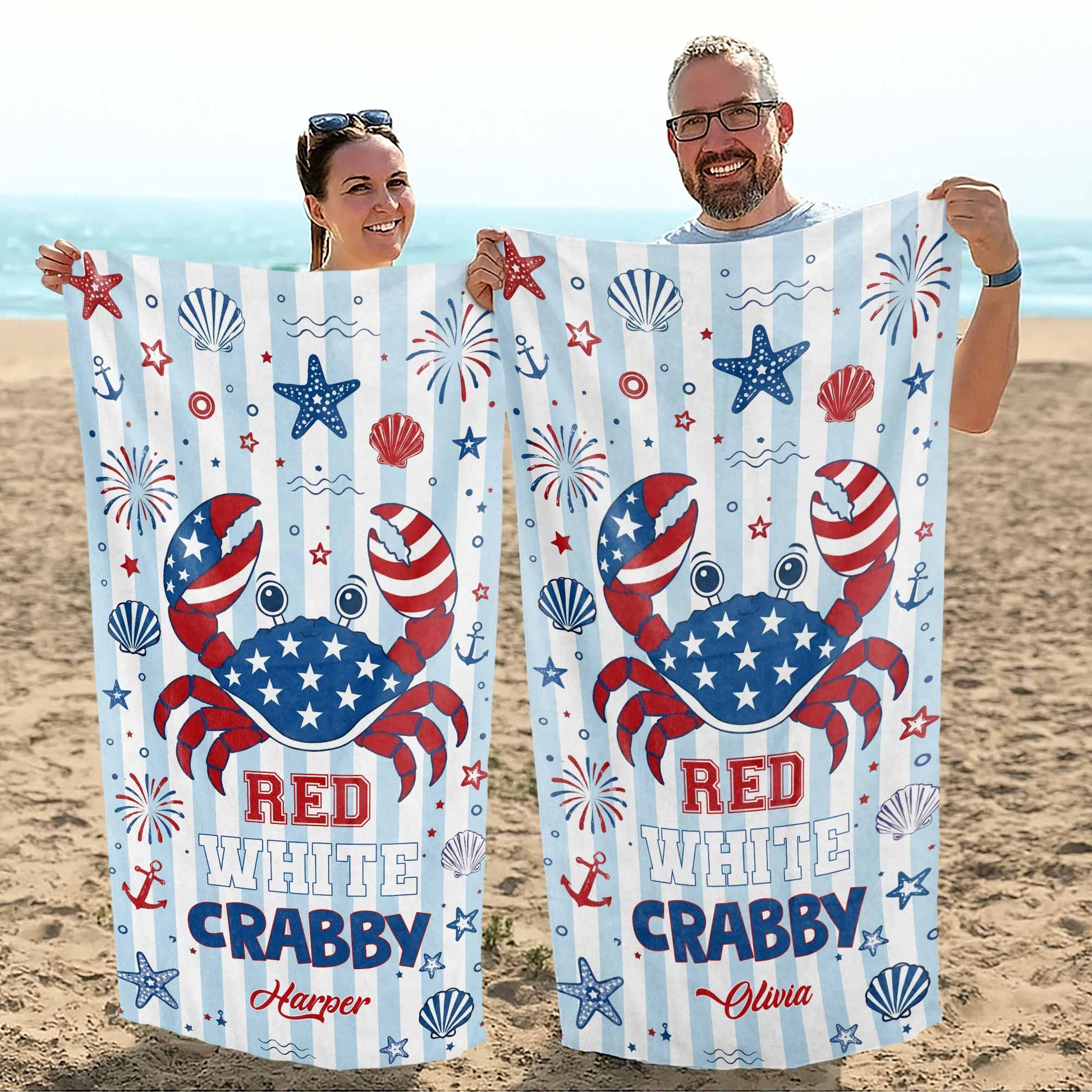 Personalized Crab Beach Towel Custom Name Patriotic Gift Beach Towels GradoCreations