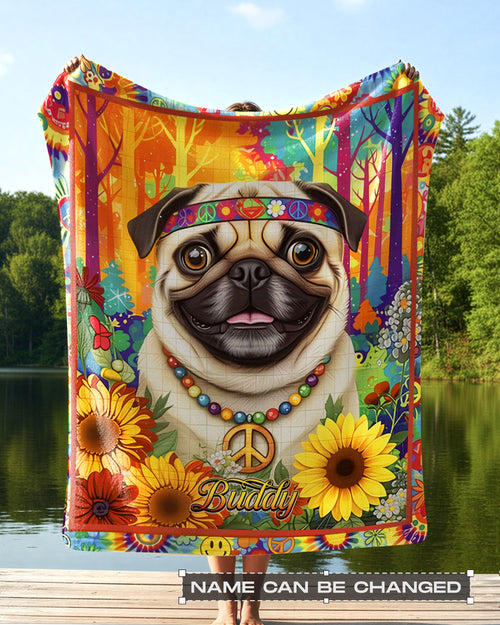 PERSONALIZED FUNNY HIPPIE PUG DOG FLEECE BLANKET - YHHN0902263