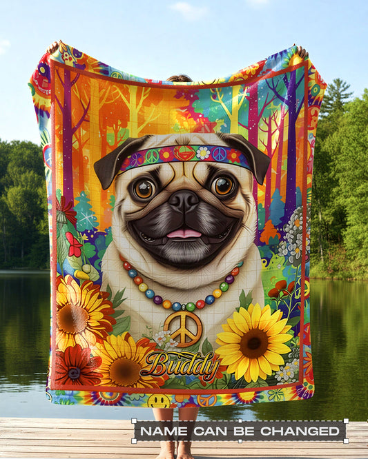 PERSONALIZED FUNNY HIPPIE PUG DOG FLEECE BLANKET - YHHN0902263