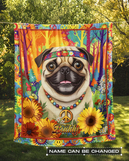 PERSONALIZED FUNNY HIPPIE PUG DOG FLEECE BLANKET - YHHN0902263
