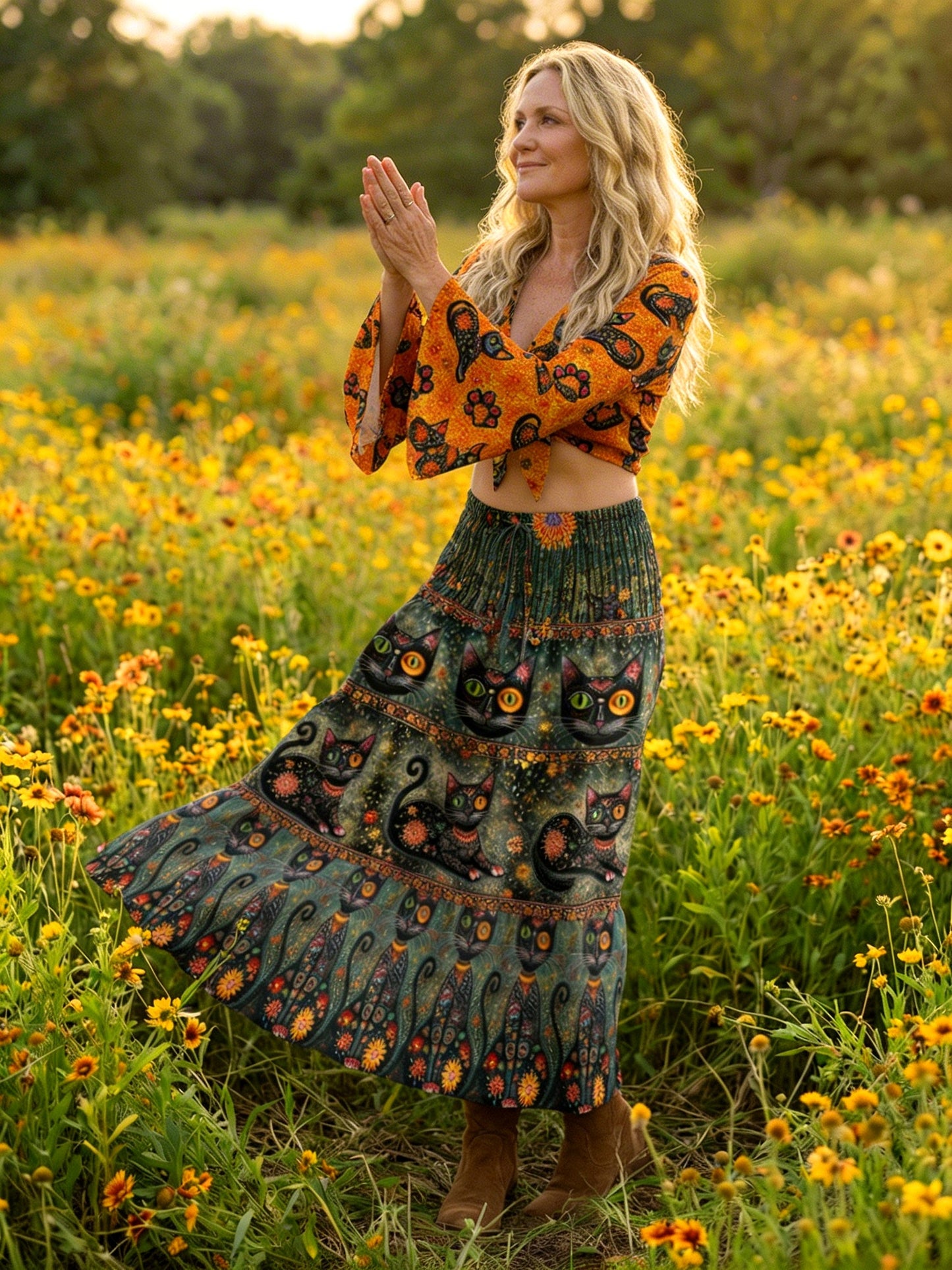 BLACK CAT BOHO WOMEN'S CROP TOP & MAXI SKIRT - TLNO3103261