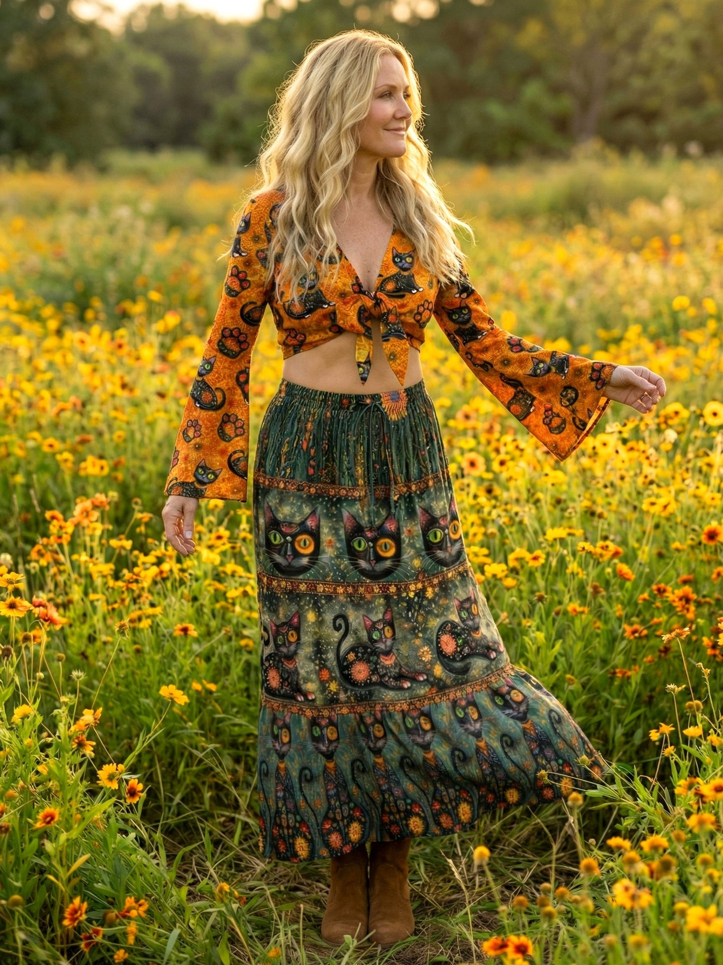 BLACK CAT BOHO WOMEN'S CROP TOP & MAXI SKIRT - TLNO3103261