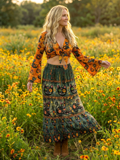 BLACK CAT BOHO WOMEN'S CROP TOP & MAXI SKIRT - TLNO3103261