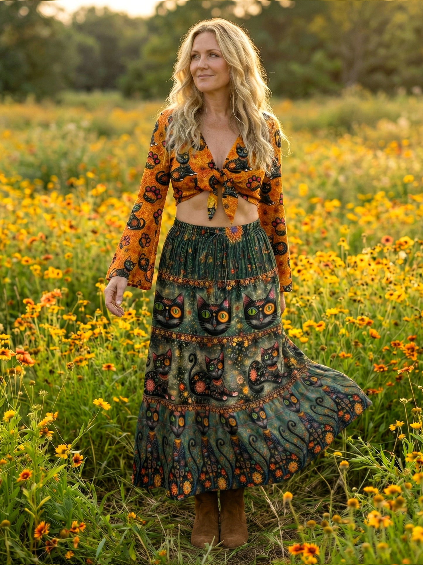 BLACK CAT BOHO WOMEN'S CROP TOP & MAXI SKIRT - TLNO3103261
