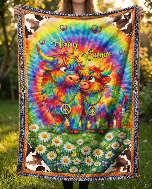 PERSONALIZED COLORFUL SWIRL COW COUPLE  FLEECE BLANKET  - TLTW0302261